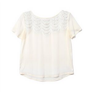Club Monaco Ivory 100% Silk Top with Scallop Crochet Neckline, Size Small